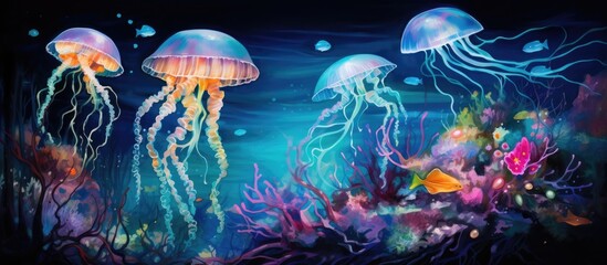 Obraz na płótnie Canvas Oil painting of deep-sea jellyfish and corals