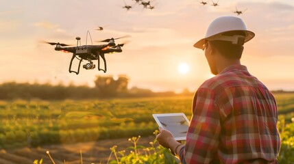 Farmer using Drone for Precision Crop Monitoring and Analysis in Rural Landscape at Sunset
