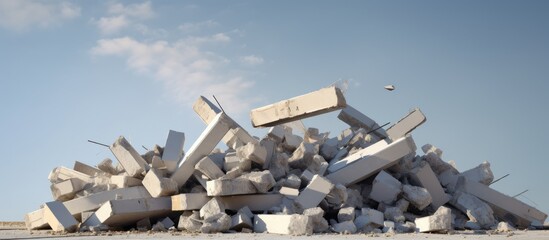 Pile of broken concrete blocks on beach with bird in background - Powered by Adobe