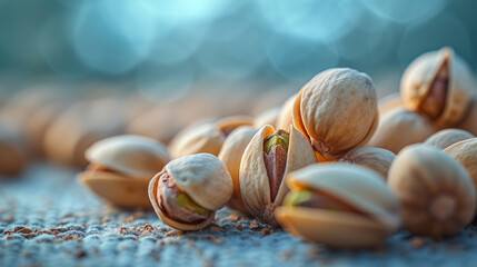Close-up of pistachio nuts scattered on textured surface