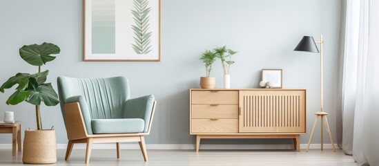 Bright living room with wooden sideboard, plant, and cozy armchair
