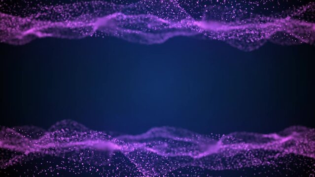 Digital illustration showcasing vibrant purple particles forming waves against a deep blue backdrop.