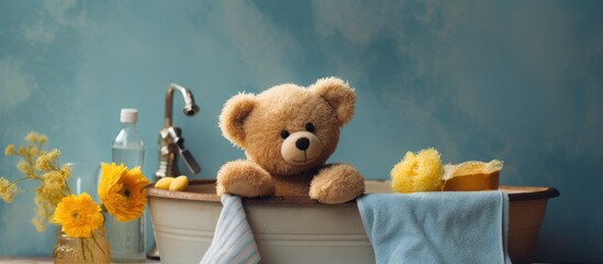 Teddy bear bathes in tub with towel - obrazy, fototapety, plakaty