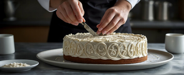 Decorating a Cake with Intricate Icing Designs: A Candid Glimpse into the Daily Routine of a Pastry Chef