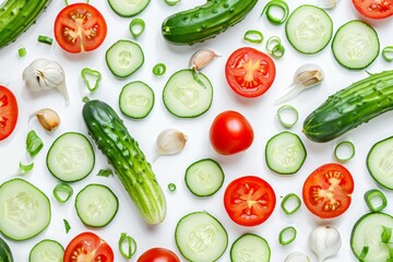 Vegetable composition on white background Top view with cucumbers garlic tomatoes and green onions Food concept Sliced veggies