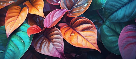 Colorful foliage adorned with raindrops - obrazy, fototapety, plakaty