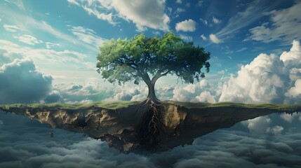 Colossal Tree Reaching Heavens and Tethered to Earth's Core in Surreal Landscape Dreamscape - obrazy, fototapety, plakaty
