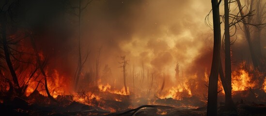 Firefighter battling forest blaze with hose