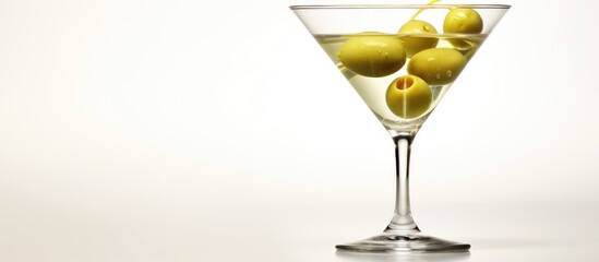 Martini glass featuring olives on a surface