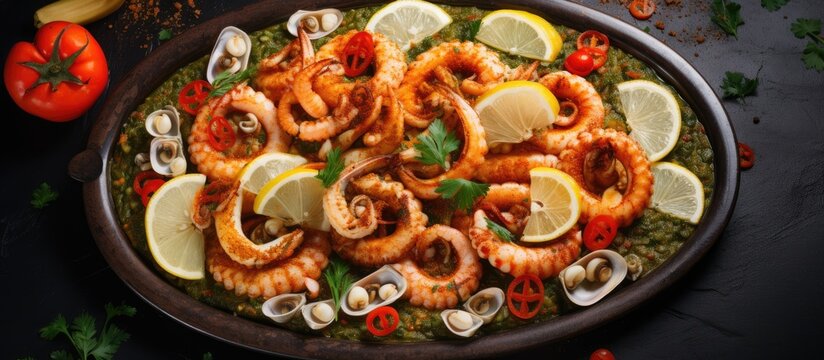 Seafood platter with lemon and tomato