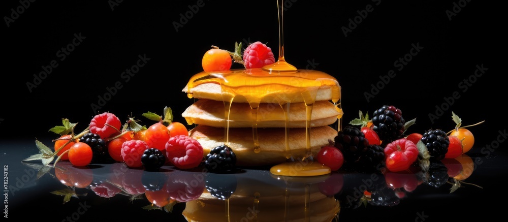 Poster pancake syrup berries physalias black background side view