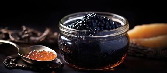 Jar of fresh blackberries with a side of honey - obrazy, fototapety, plakaty