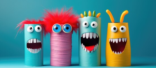 Toilet tube monsters with fiery red hair and intense blue eyes
