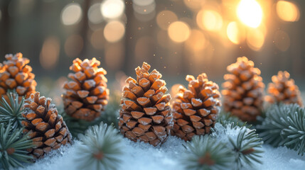 Pine cones covered in frost with warm sunset backlight - obrazy, fototapety, plakaty