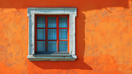 Orange wall with a blue window