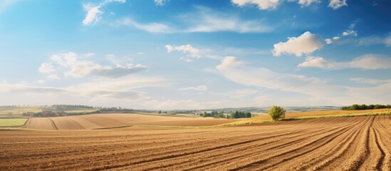 Fototapeta na wymiar Tractor plowing field under clear blue sky