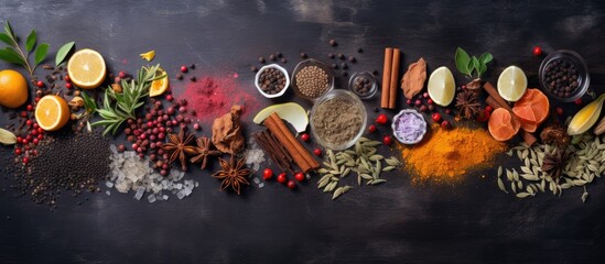Various spices, fruits on black table - obrazy, fototapety, plakaty