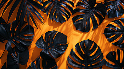Monstera leaves on orange background
