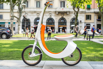 A white and orange electric scooter parked neatly on a city sidewalk, ready for use. - 782243537