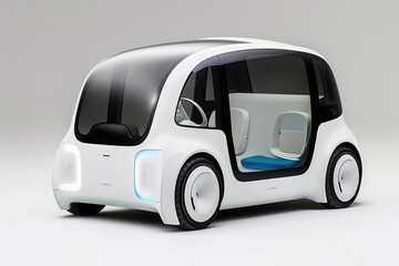 A small white electric car parked with its door open, showcasing its eco-friendly design. - 782243559