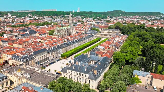 Aerial view of the French-style cathedral and square in Nancy, France. Basilica of Saint Epvre of Nancy in France.