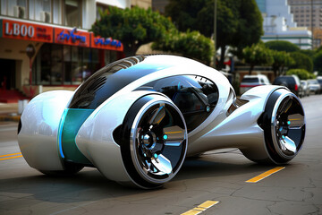 A sleek electric car speeds down a modern city street, showcasing the future of green automotive technology. - 782243723