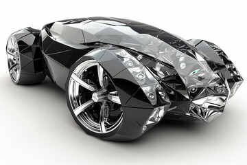 A modern electric vehicle, sleek and futuristic in design, is displayed on a plain white background. - 782243728
