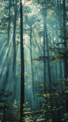 Sunbeams filtering through a misty forest at dawn