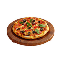 A pizza with olives and tomatoes on a wooden board