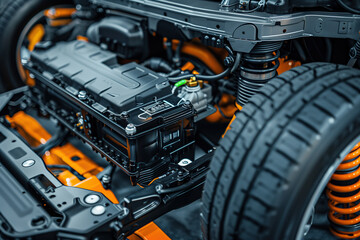 Detailed view of the engine of an electric vehicle, showcasing green energy technology in action. - 782243910