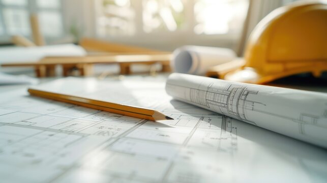 Blueprint floor plan architectural project on the table with yellow helmet and pencil