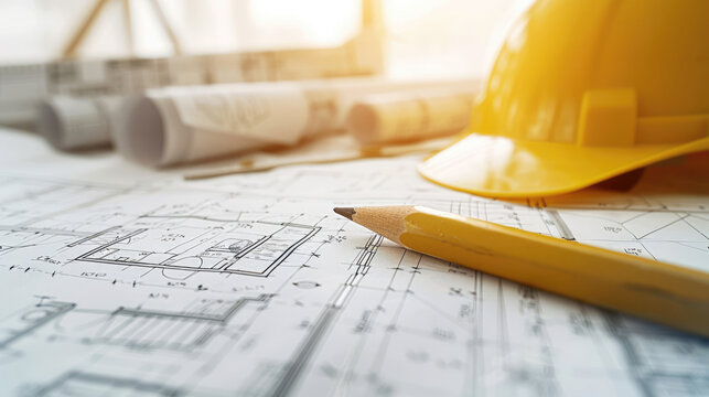 Blueprint floor plan architectural project on the table with yellow helmet and pencil