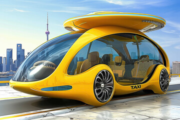 A bright yellow taxi electric car is parked on the side of the road, utilizing green energy technology for sustainable transportation. - 782244147