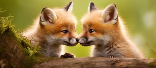 Two foxes on log nuzzling noses