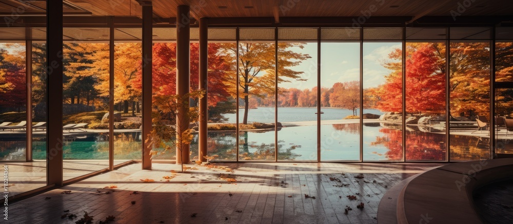 Aufkleber glass-walled view of lake with distant trees