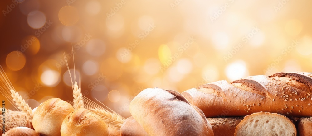 Poster Assorted bread and rolls with wheat on table