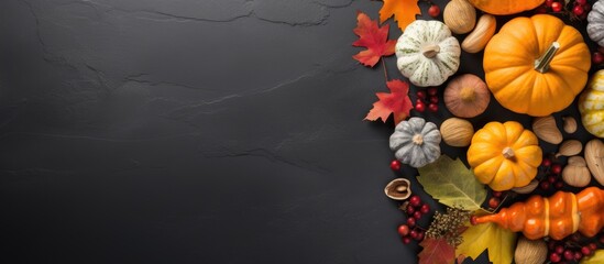 Naklejka premium Autumn harvest decoration on dark backdrop