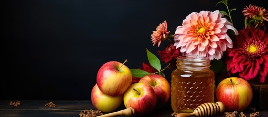 Naklejka premium Apples, flowers, and honey in jar with dipper
