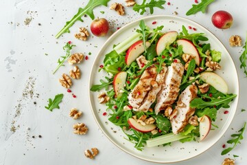 Waldorf salad with chicken apples celery lettuce arugula walnuts on plate white background top view