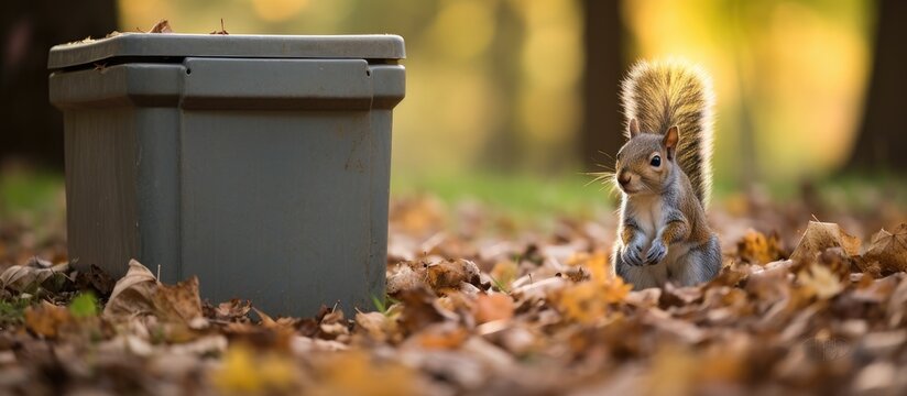 A squirrel stands on hind legs while foraging in park trash can