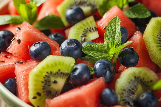 Watermelon salad with assorted fruits and mint leaves focused on