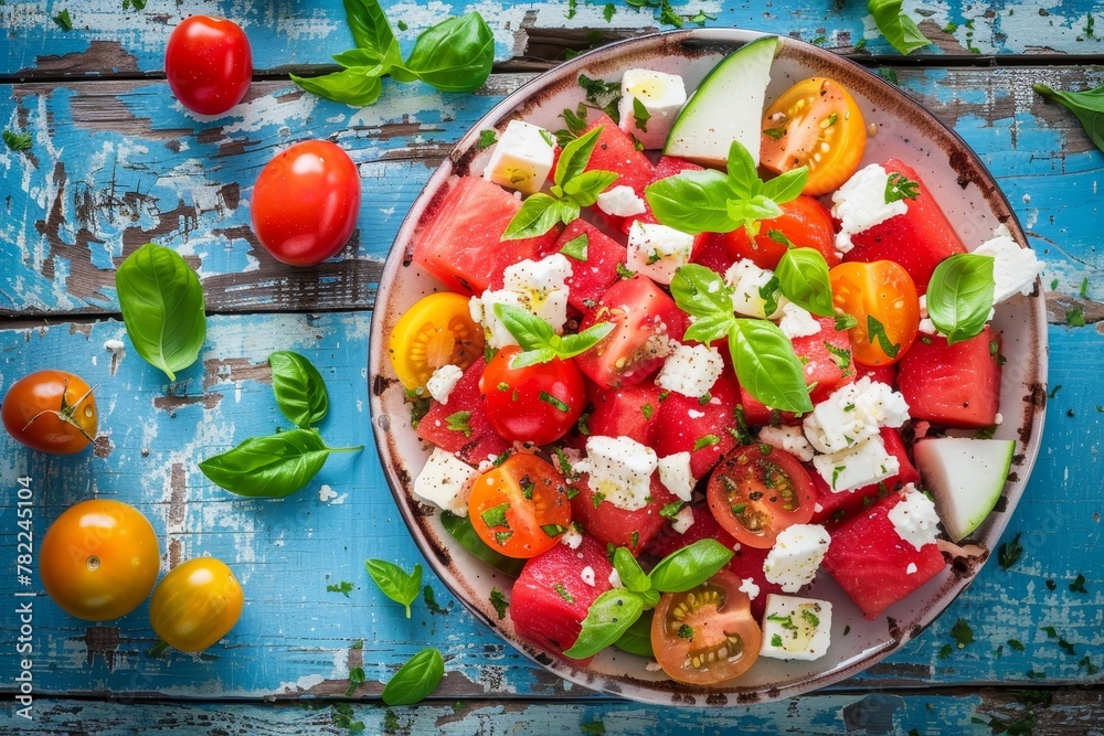 Wall mural Watermelon tomato salad with feta cheese on blue wood - Wall murals