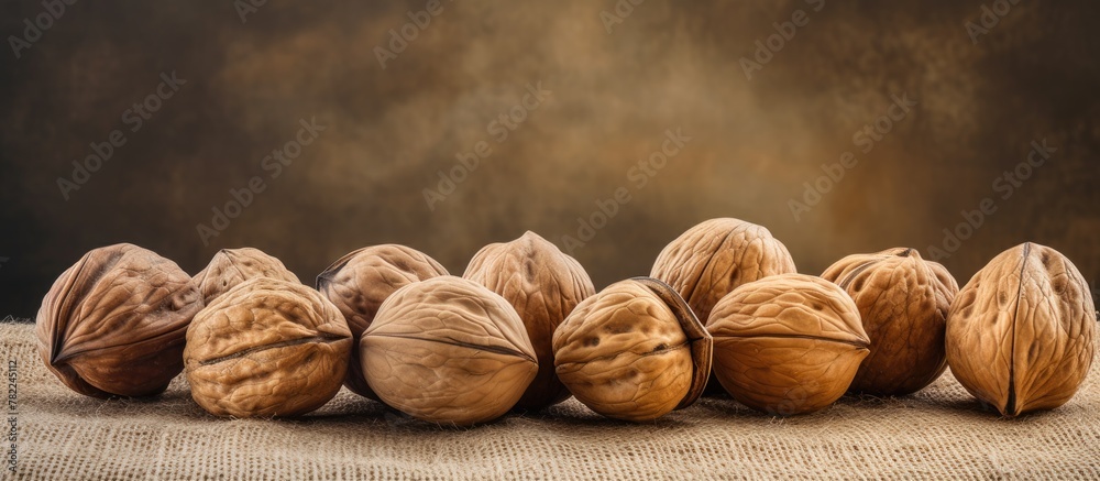 Poster shelled walnuts on rustic burlap