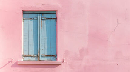 Fototapeta na wymiar Weathered blue window shutters on a pink wall