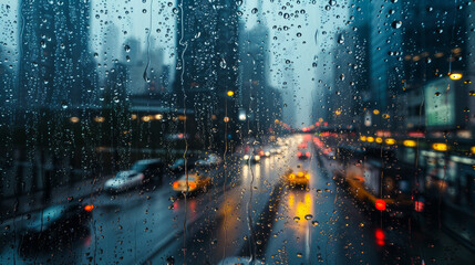 Rainy city street view through a wet window - obrazy, fototapety, plakaty