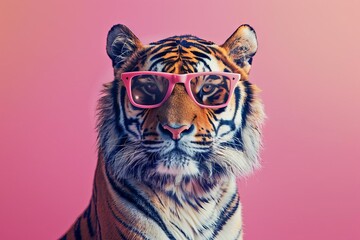 fierce tiger in sunglasses on solid background wild animal fashion editorial 1 - obrazy, fototapety, plakaty