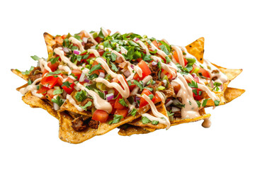Close Up Nachos With Toppings on White Background