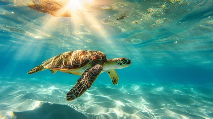 Tuinposter Underwater view of a sea turtle swimming in the ocean with sunlight © cac_tus