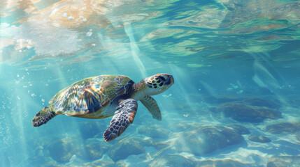 Obraz premium Sea turtle swimming in clear ocean water