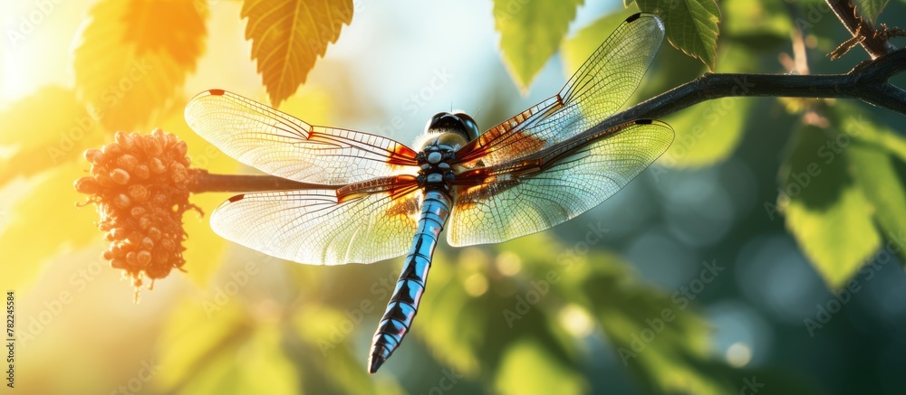 Poster dragonfly perched on twig with background berries